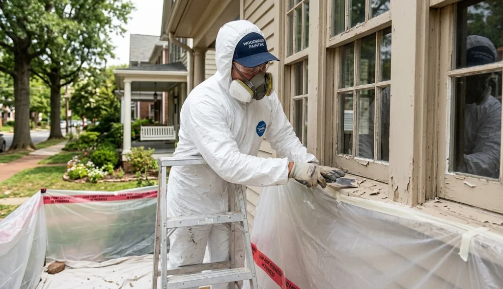 Professional exterior painting preparation in Woodbridge – crew member lead-safe scraping a home in Del Ray.